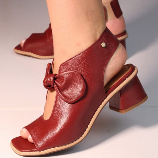 Sandália Couro Vermelho Bordo Com Laço